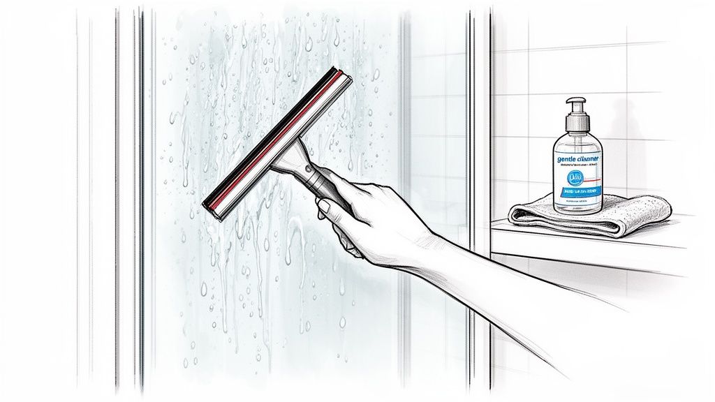 A hand uses a squeegee to clean water droplets from a glass shower screen, with a cleaner bottle and towel nearby.