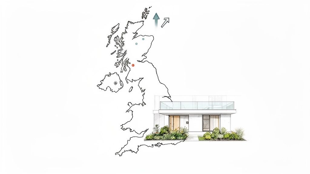 Illustration of a UK map with location pins in Scotland and a modern white house with a garden.