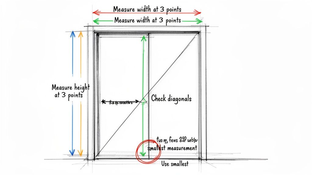 Diagram illustrating how to measure door opening width, height, and diagonals for installation.