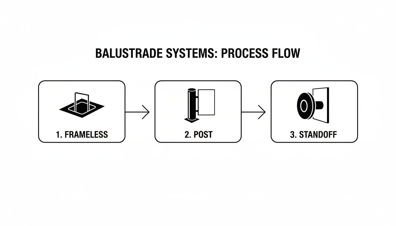 Process flow diagram illustrating three balustrade systems: frameless, post, and standoff options.