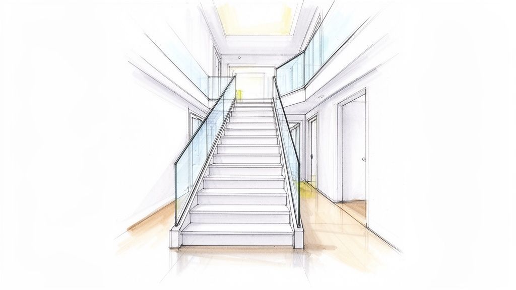 A modern hand-drawn sketch of a grand white staircase with clear glass railings and natural light.
