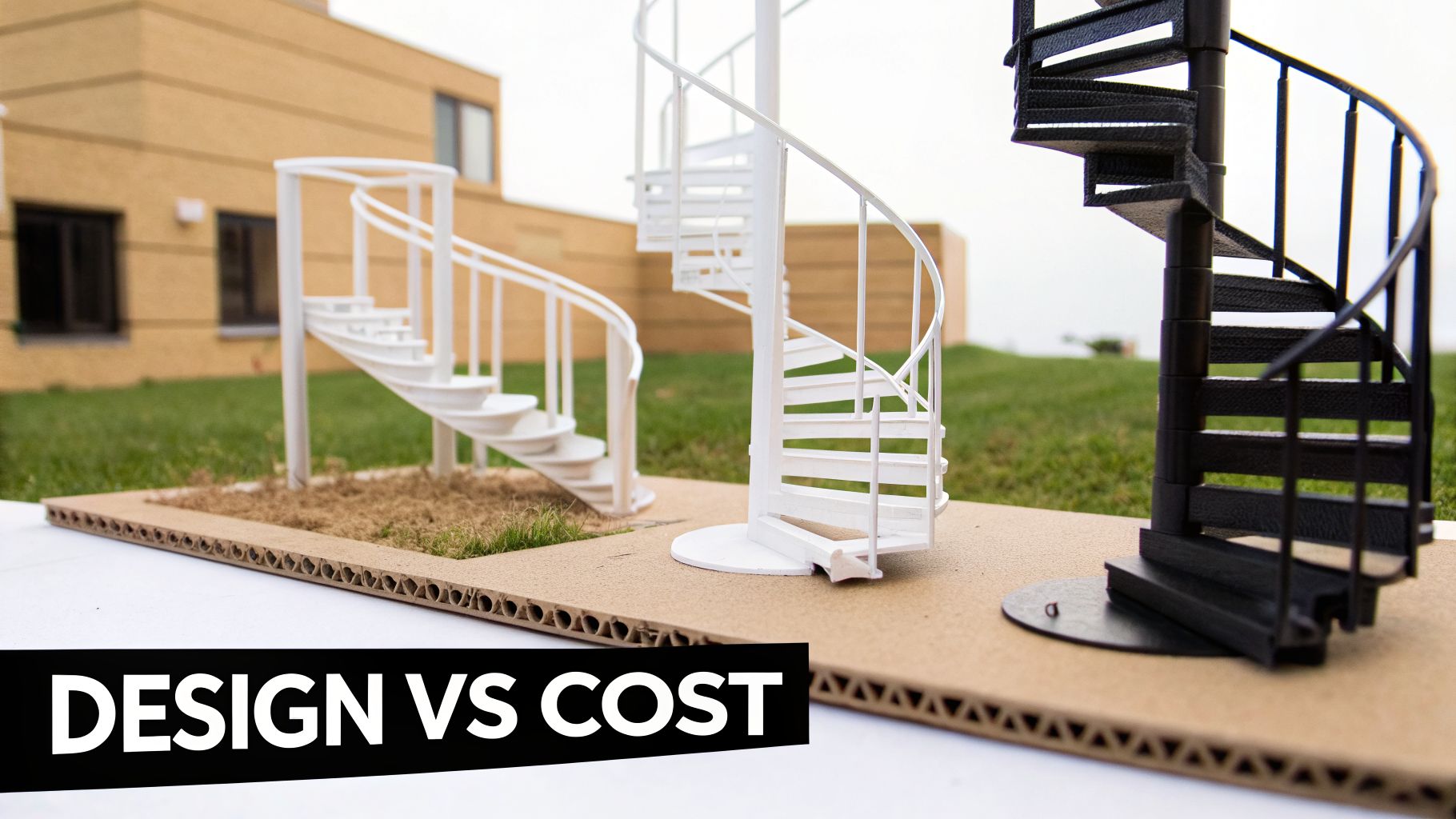 Three miniature staircase models, two white and one black, contrasting designs, with 'DESIGN VS COST' text.