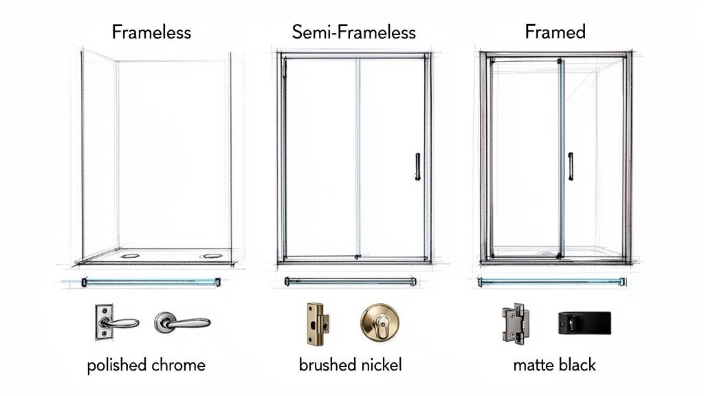 Three shower door types: Frameless, Semi-Frameless, and Framed, showcasing hardware in polished chrome, brushed nickel, and matte black finishes.