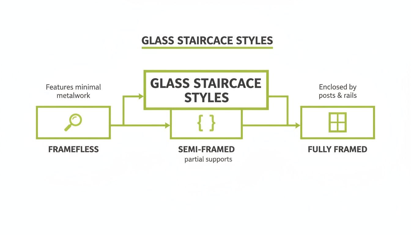 A flowchart illustrating three glass staircase styles: frameless, semi-framed with partial supports, and fully framed.