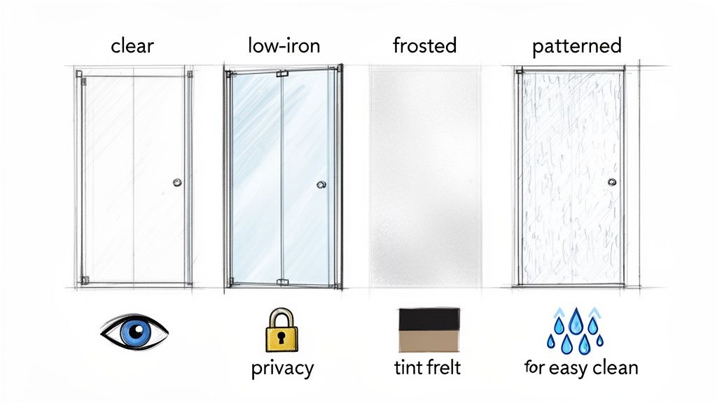 Four types of shower doors: clear, low-iron, frosted, and patterned, showing their features.