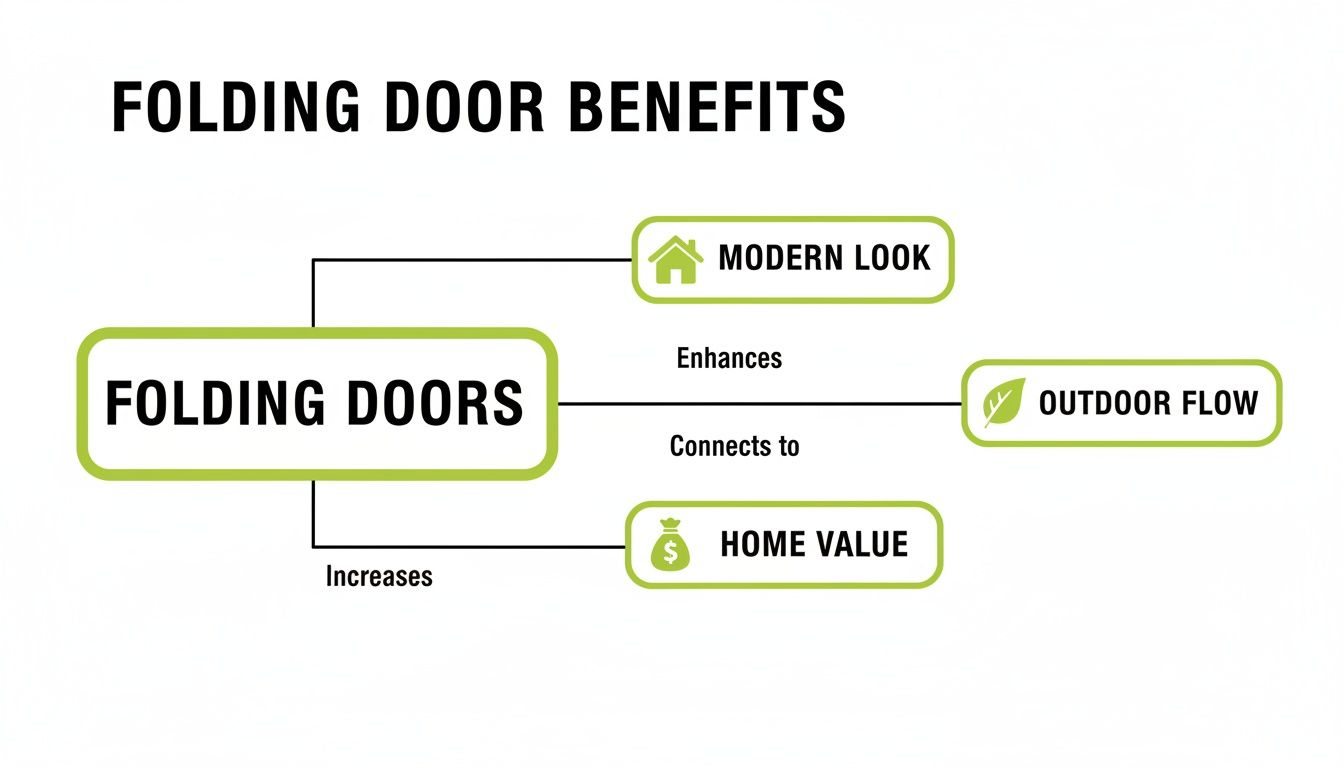 Diagram showing folding door benefits: enhances modern look, connects to outdoor flow, and increases home value.