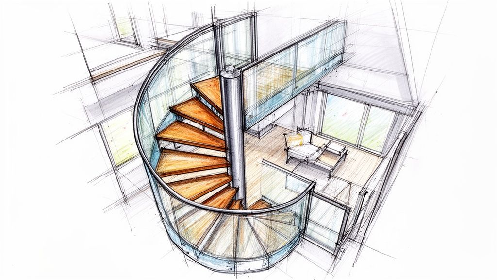 Architectural sketch of a modern home interior featuring a stylish spiral staircase with glass railings.