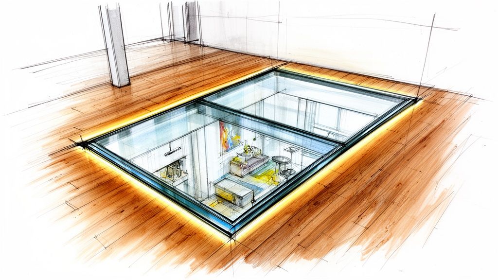 A hand-drawn architectural sketch depicts a transparent glass floor revealing a modern sunken living room with vibrant furniture.