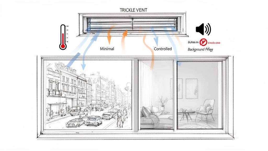 Diagram illustrating a trickle vent on a double glazing window, showing controlled airflow for ventilation and background noise reduction.