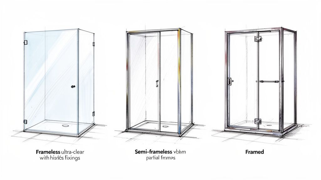 Illustration comparing frameless, semi-frameless, and framed clear glass shower enclosures with bases.