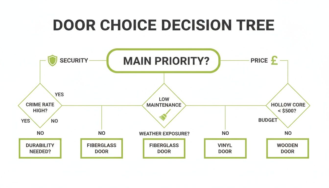 A flowchart titled 'Door Choice Decision Tree' guiding selection based on security, maintenance, and price.