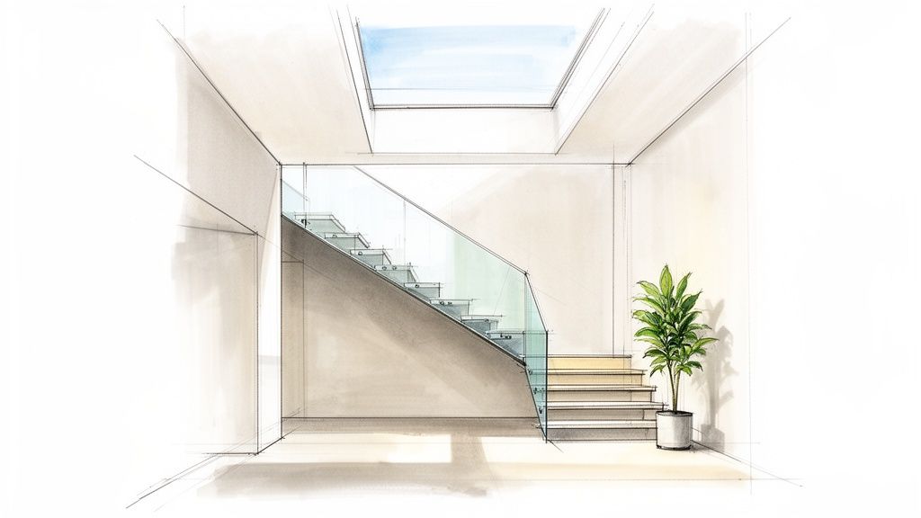 A watercolor sketch of a modern interior featuring a floating staircase with glass railing, a skylight, and a potted plant.