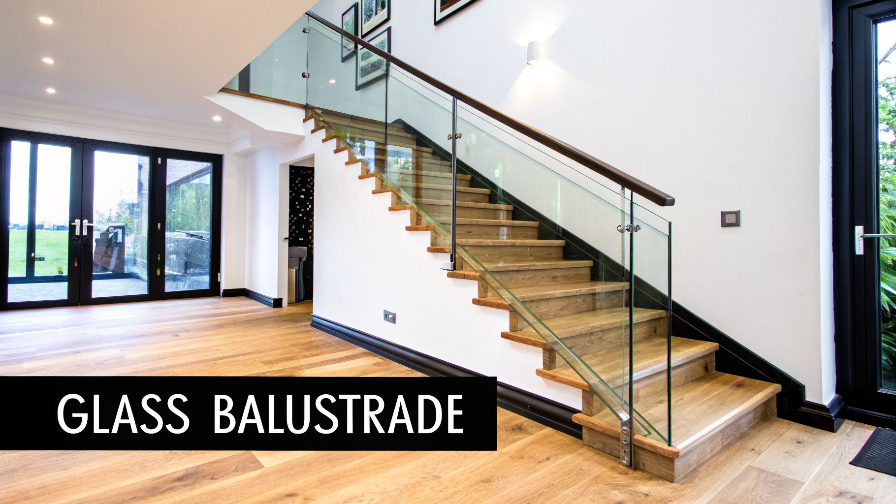 Modern interior featuring a stylish wooden staircase with a clear glass balustrade and light wood flooring.