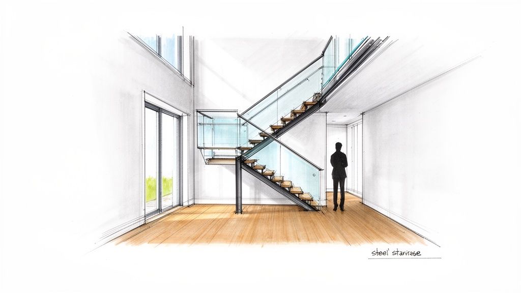 Architectural sketch of a modern interior with a steel and glass floating staircase, wooden floor, and a person.