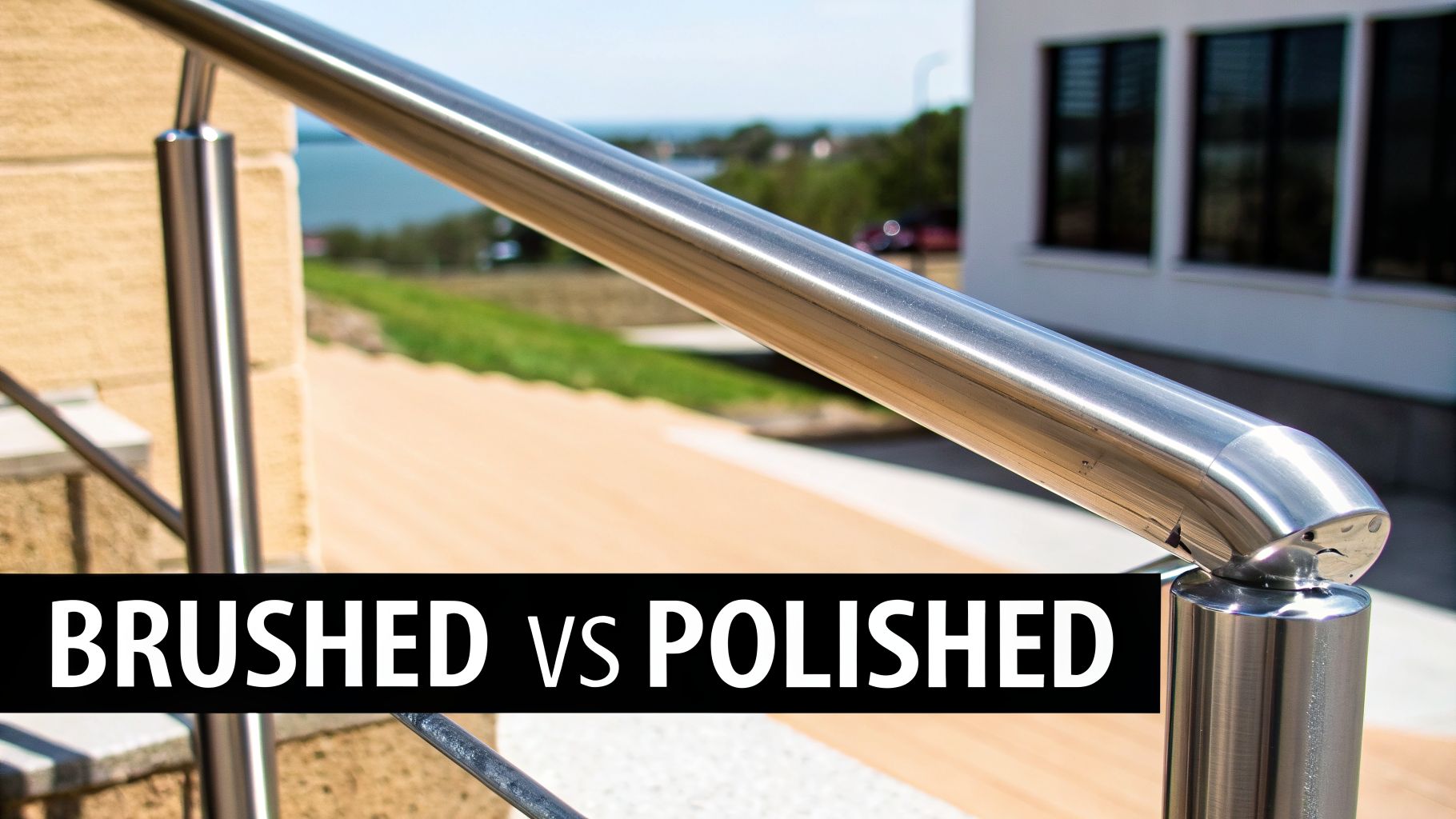 Close-up of stainless steel railings with 'BRUSHED vs POLISHED' text, overlooking a scenic view.