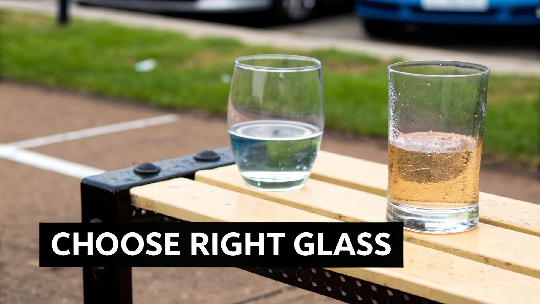Two glasses, one with clear water and one with a yellow drink, sitting on a wooden bench.
