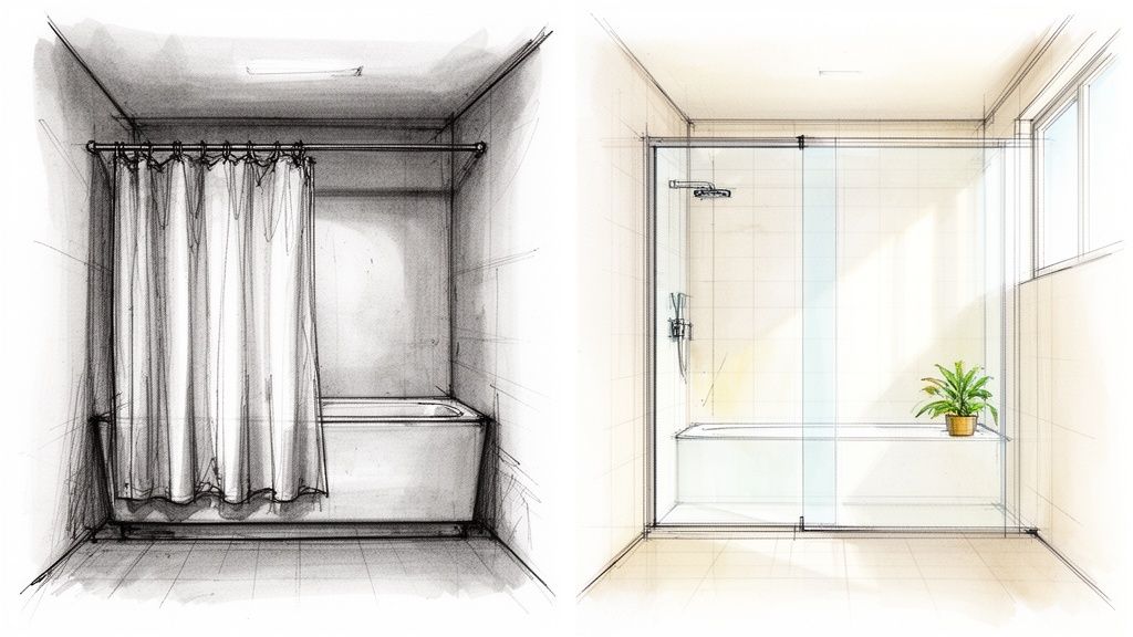 Two bathroom sketches comparing a traditional shower curtain with a modern glass shower screen.