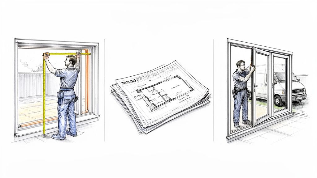 Illustration of a man measuring a window, architectural blueprints, and a man installing patio glass doors.