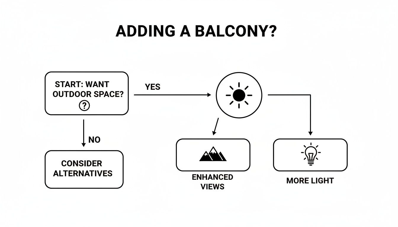 A flowchart titled 'Adding a Balcony?' showing decisions for outdoor space, views, and light.