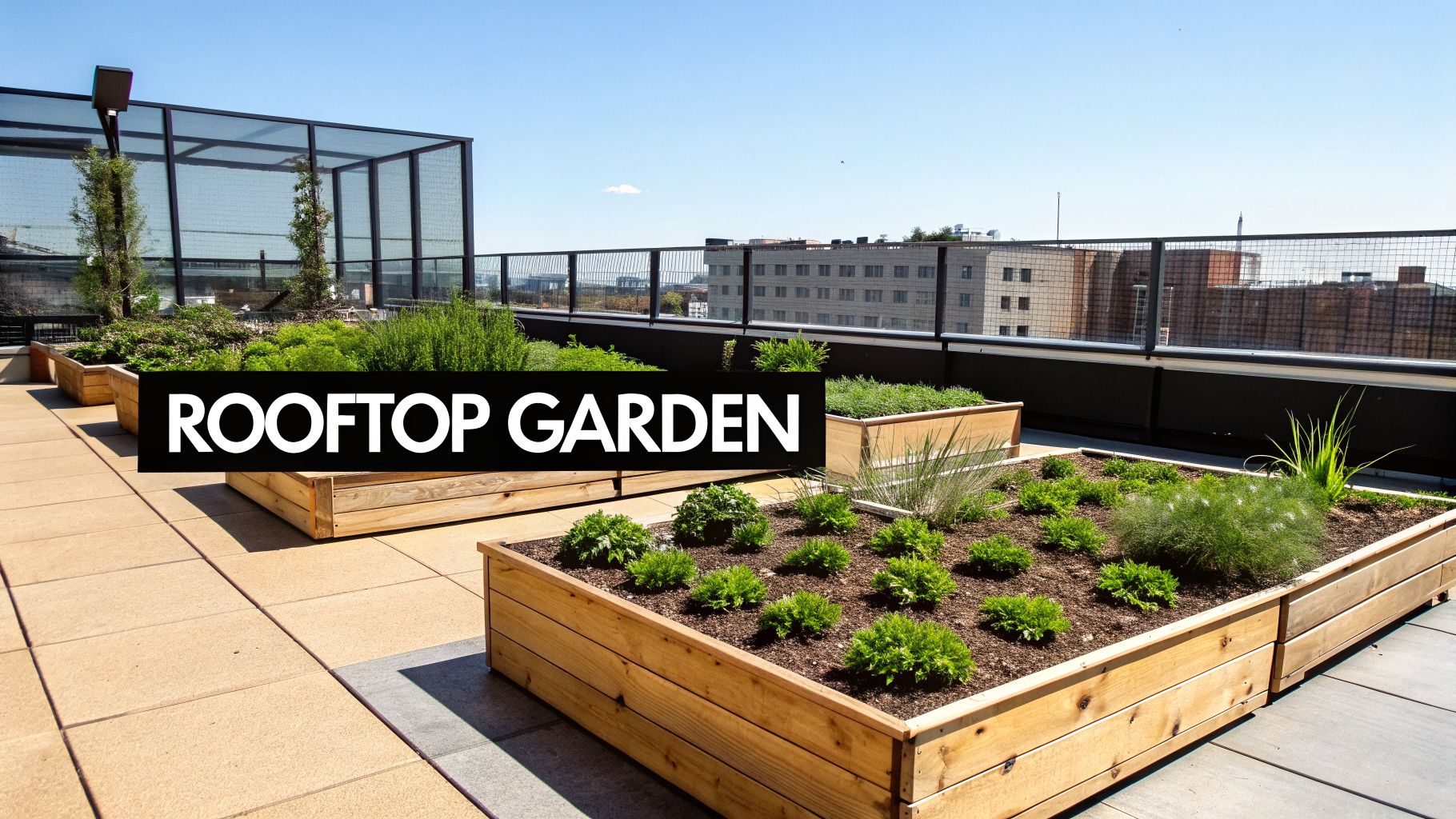 Vibrant rooftop garden featuring wooden planter boxes filled with lush green plants and herbs, overlooking city buildings.