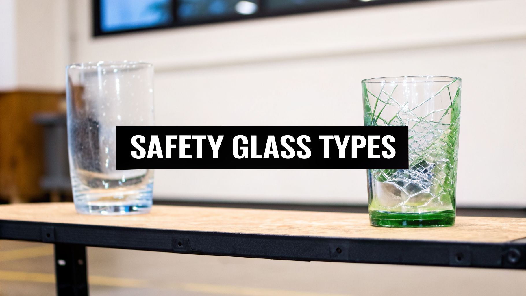 Two glasses on a table illustrating safety glass types: one clear and intact, the other green and shattered.