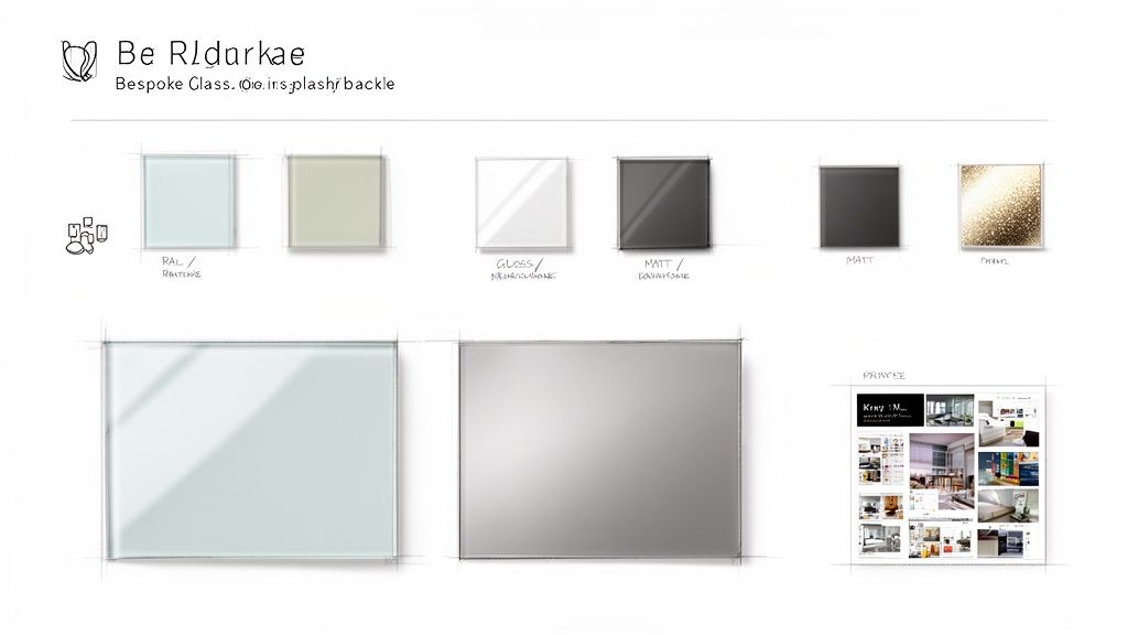 A design board showcasing bespoke glass splashback samples in various colors, gloss, matt, and pearl finishes.