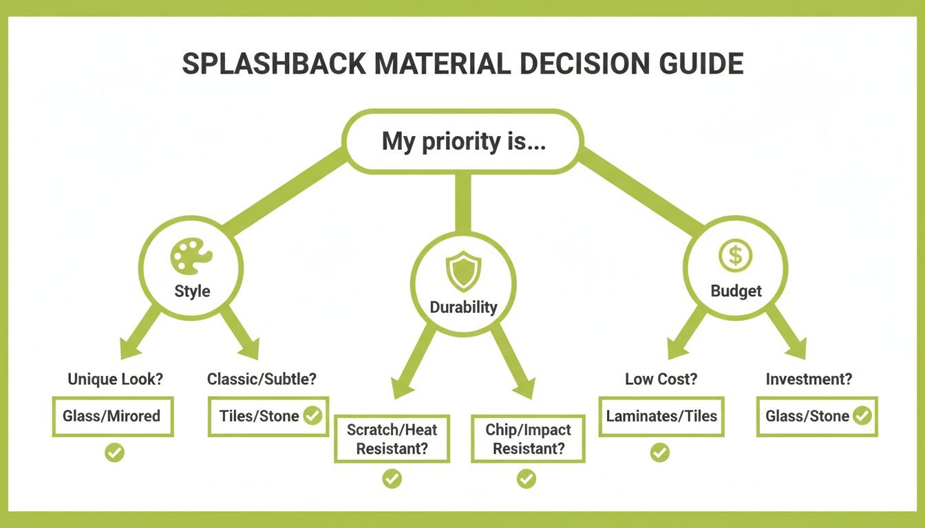 Decision guide flowchart for selecting splashback materials based on style, durability, and budget preferences.