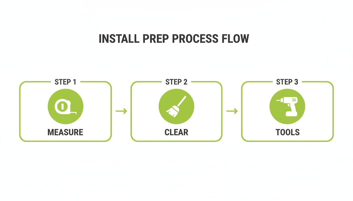 Process flow diagram showing three steps: Measure with a tape, Clear with a broom, and Tools with a drill for installation preparation.