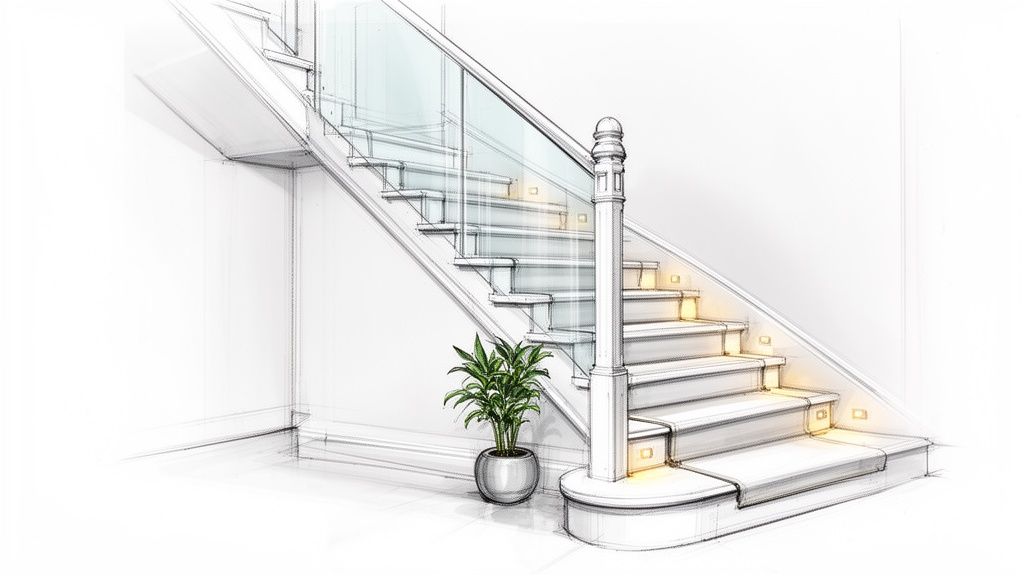 A modern staircase sketch with white steps, glass railing, subtle lighting, and a potted plant.