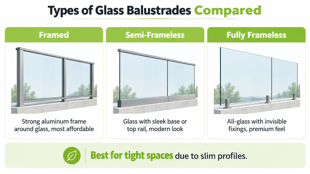 A comparison chart of three types of glass balustrades: framed, semi-frameless, and fully frameless designs.