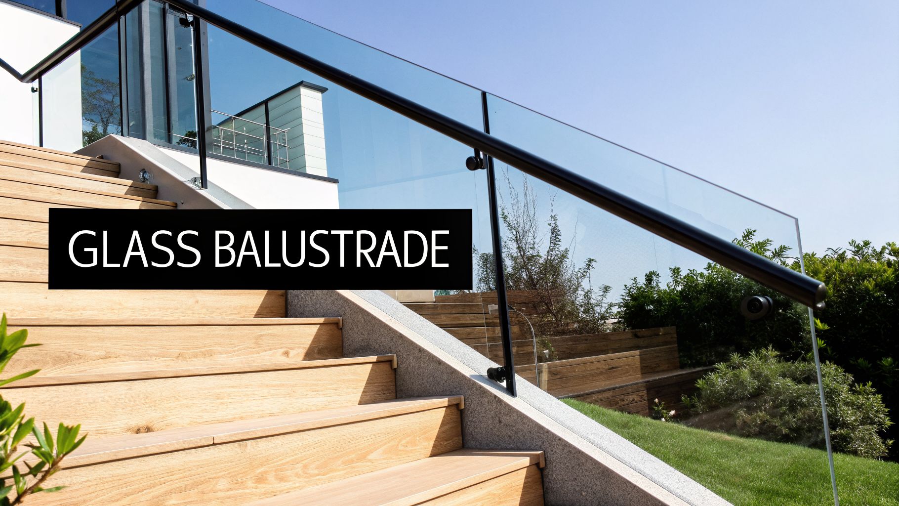 Modern outdoor staircase with wooden steps and a sleek glass balustrade with a black handrail.
