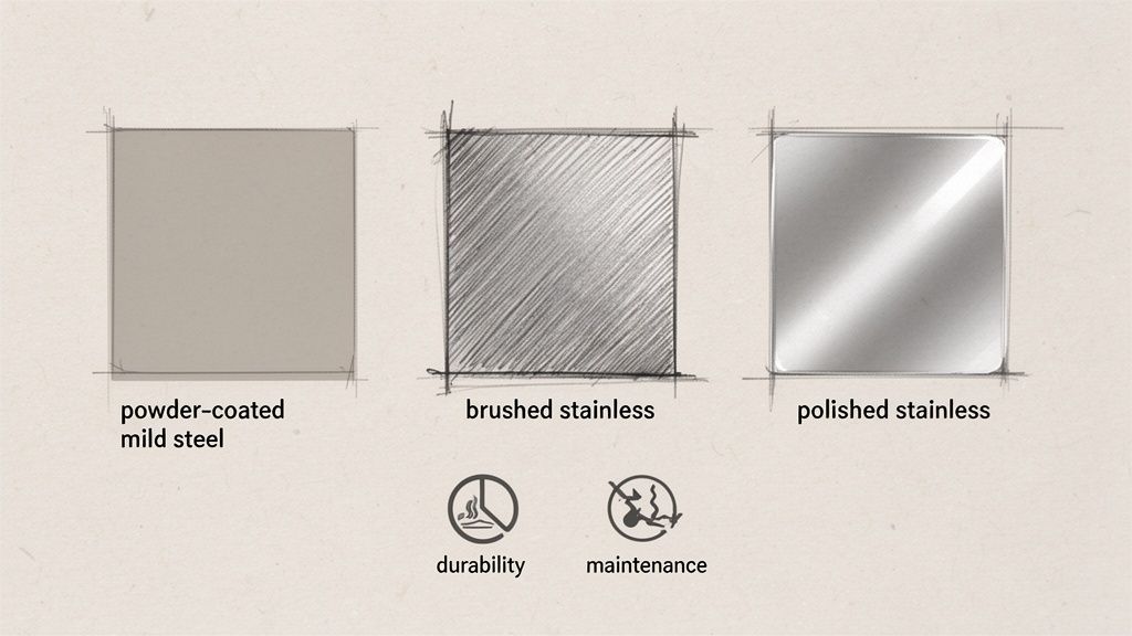 Diagram comparing powder-coated mild steel, brushed stainless, and polished stainless finishes, highlighting durability and maintenance.