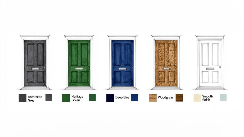 Five composite front door designs shown in anthracite grey, heritage green, deep blue, woodgrain, and a smooth white finish, with corresponding color swatches.