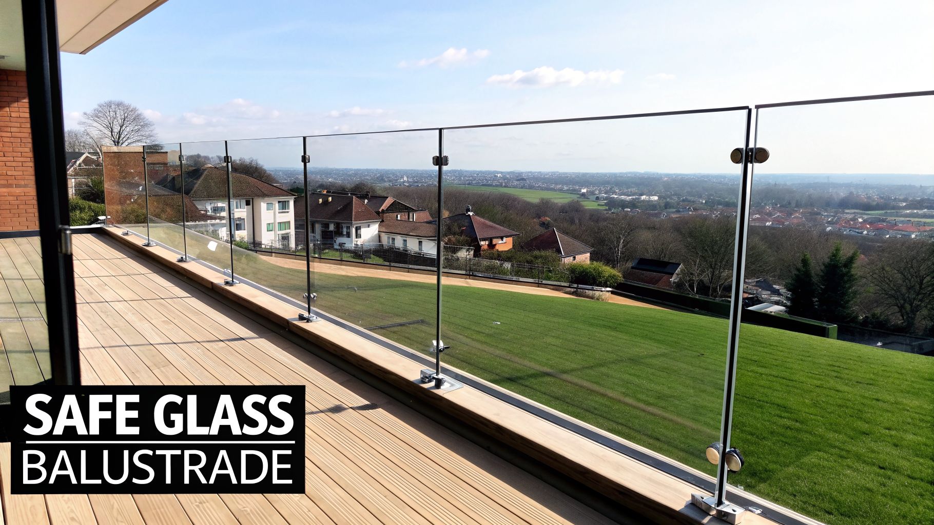 Modern wooden deck with a safe glass balustrade offers panoramic views of a valley and distant town.