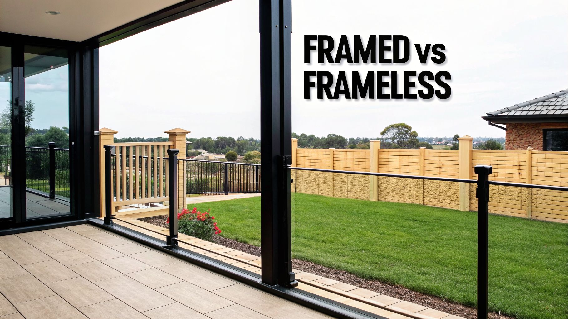 Modern patio with black framed glass doors, overlooking a green backyard and wooden fence.