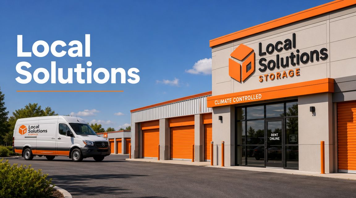 A professional white van parked in front of a modern climate-controlled local solutions storage facility exterior.