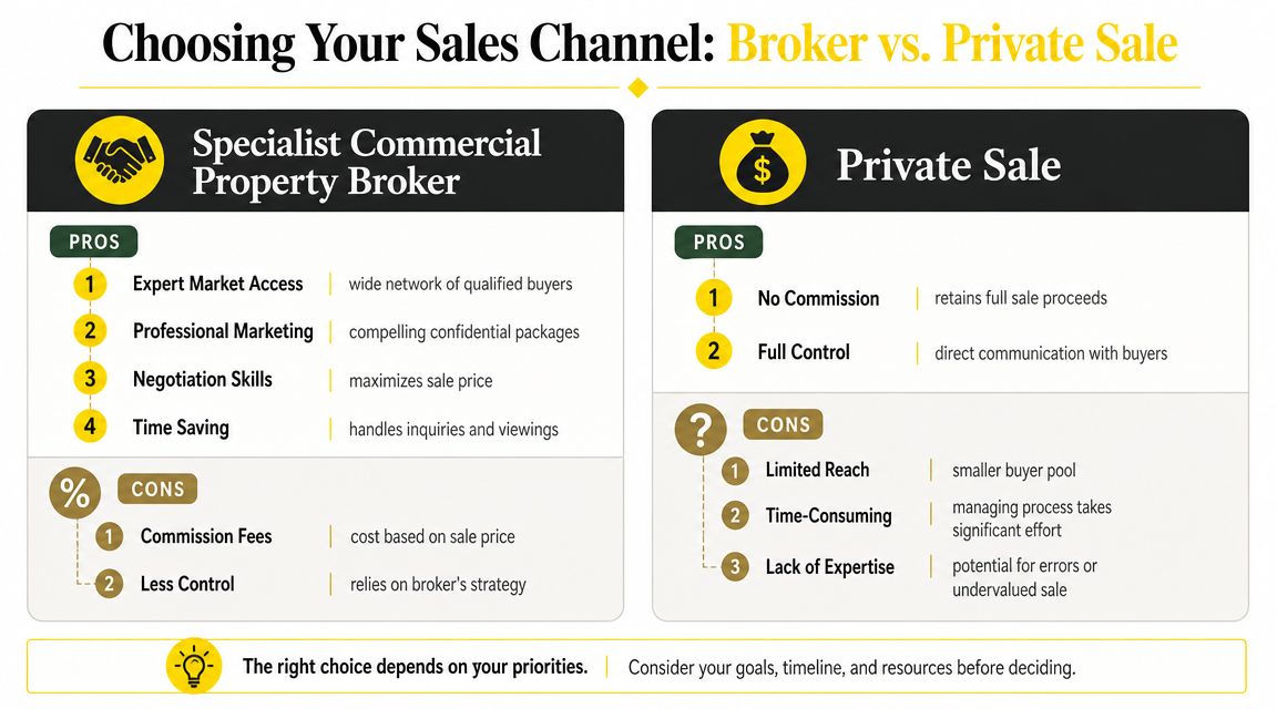A comparison chart outlining the pros and cons of using a commercial property broker versus private sale.