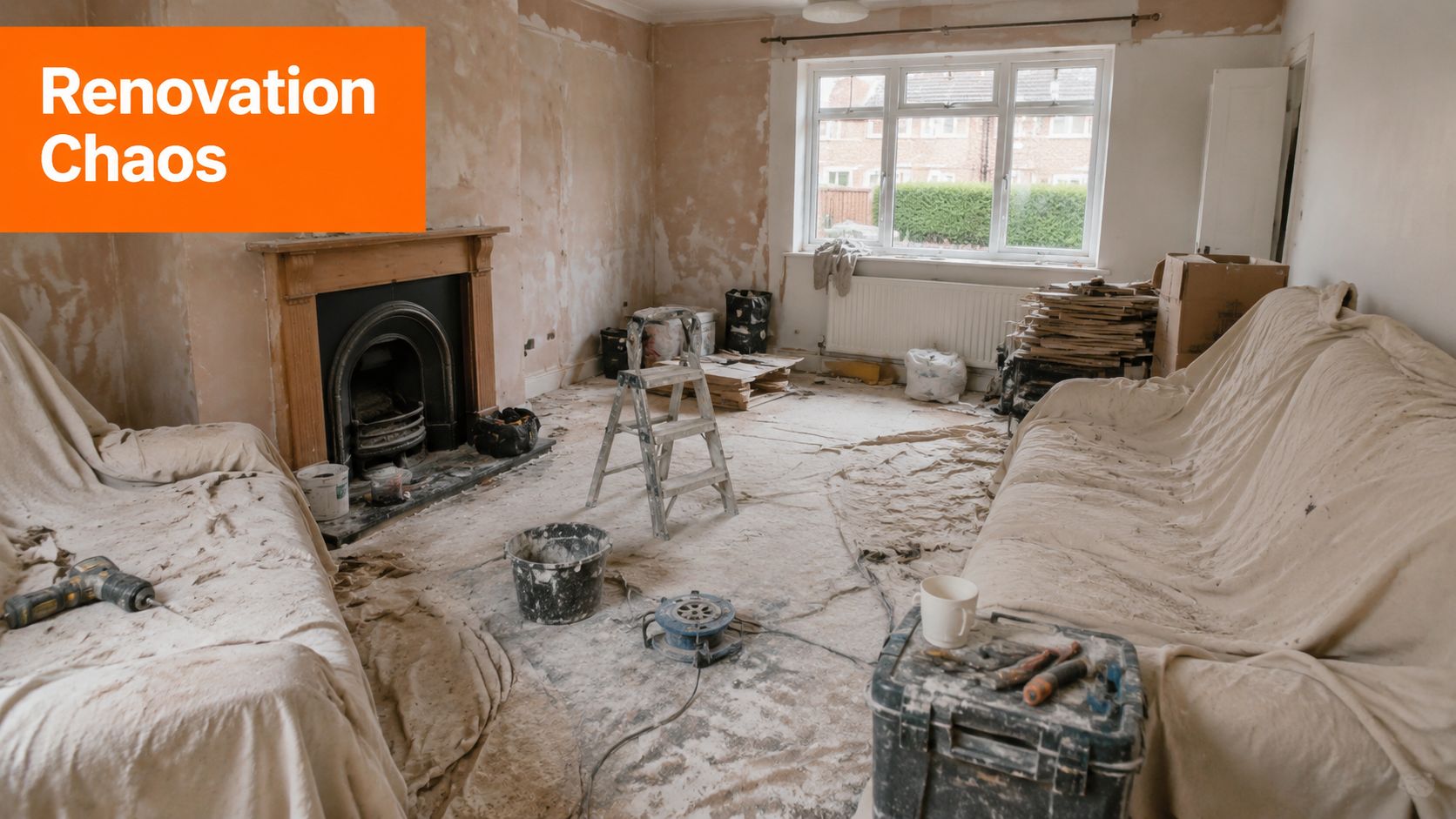 A living room in the middle of a messy renovation with covered furniture and construction tools scattered.