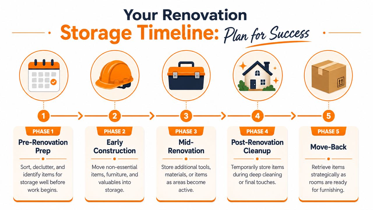 A five-step timeline infographic for planning storage during a residential home renovation project.
