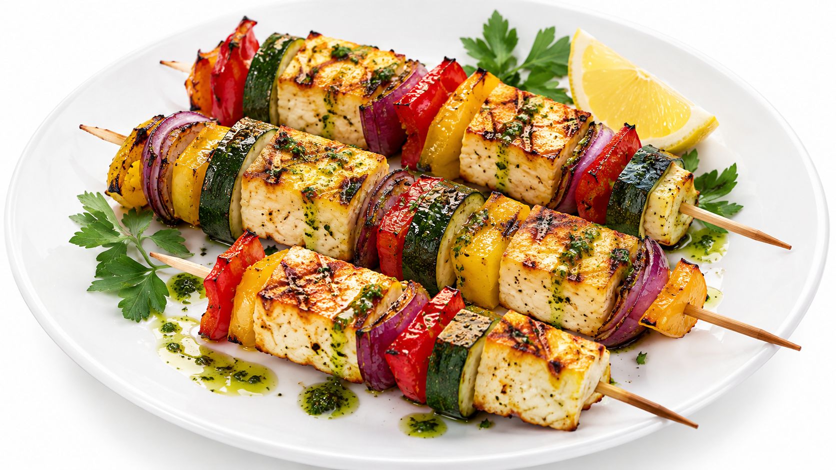 Three skewers of grilled paneer or tofu with colourful bell peppers, courgette, and red onion on a plate.