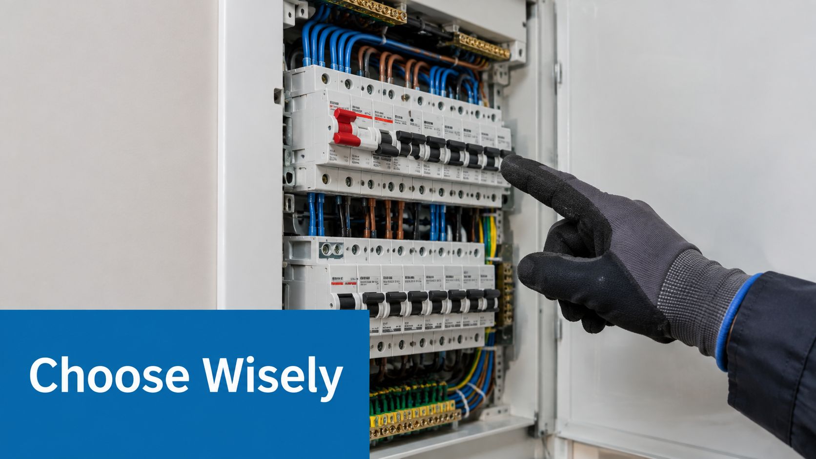 An electrician wearing protective gloves points to a metal consumer unit panel filled with electrical circuit breakers.