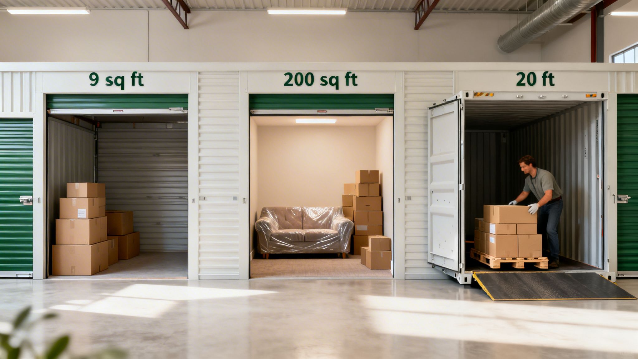 A row of self-storage units with a man loading boxes into one, others show furniture and boxes.