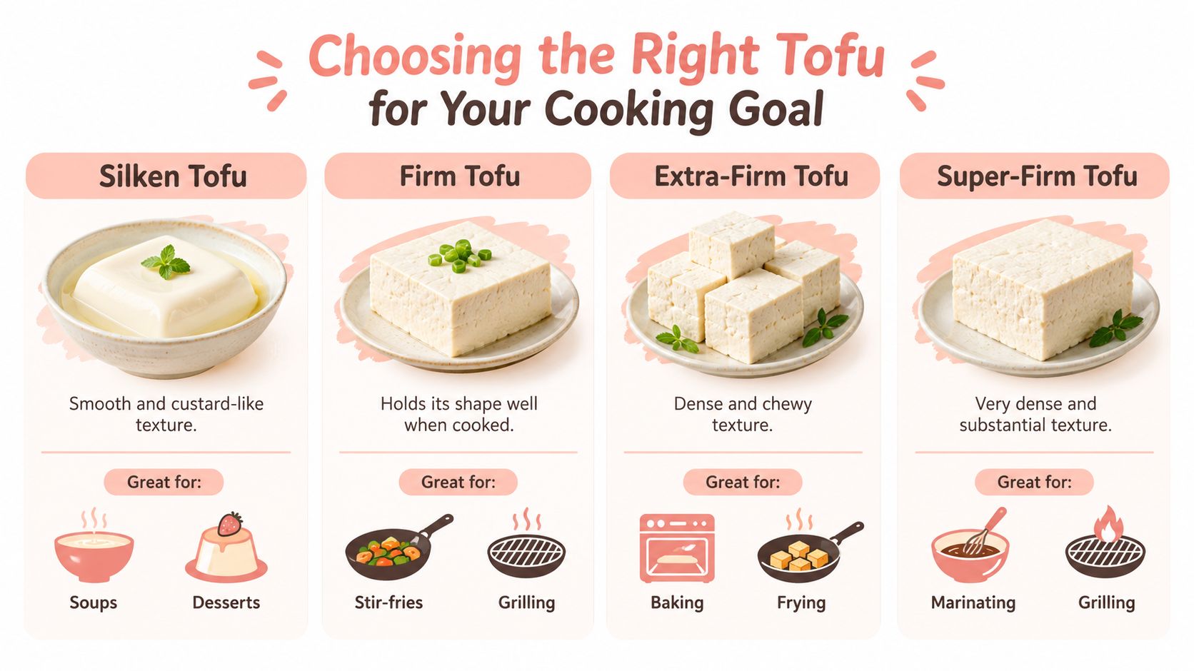 An infographic guide illustrating four types of tofu, their textures, and the best cooking methods for each.