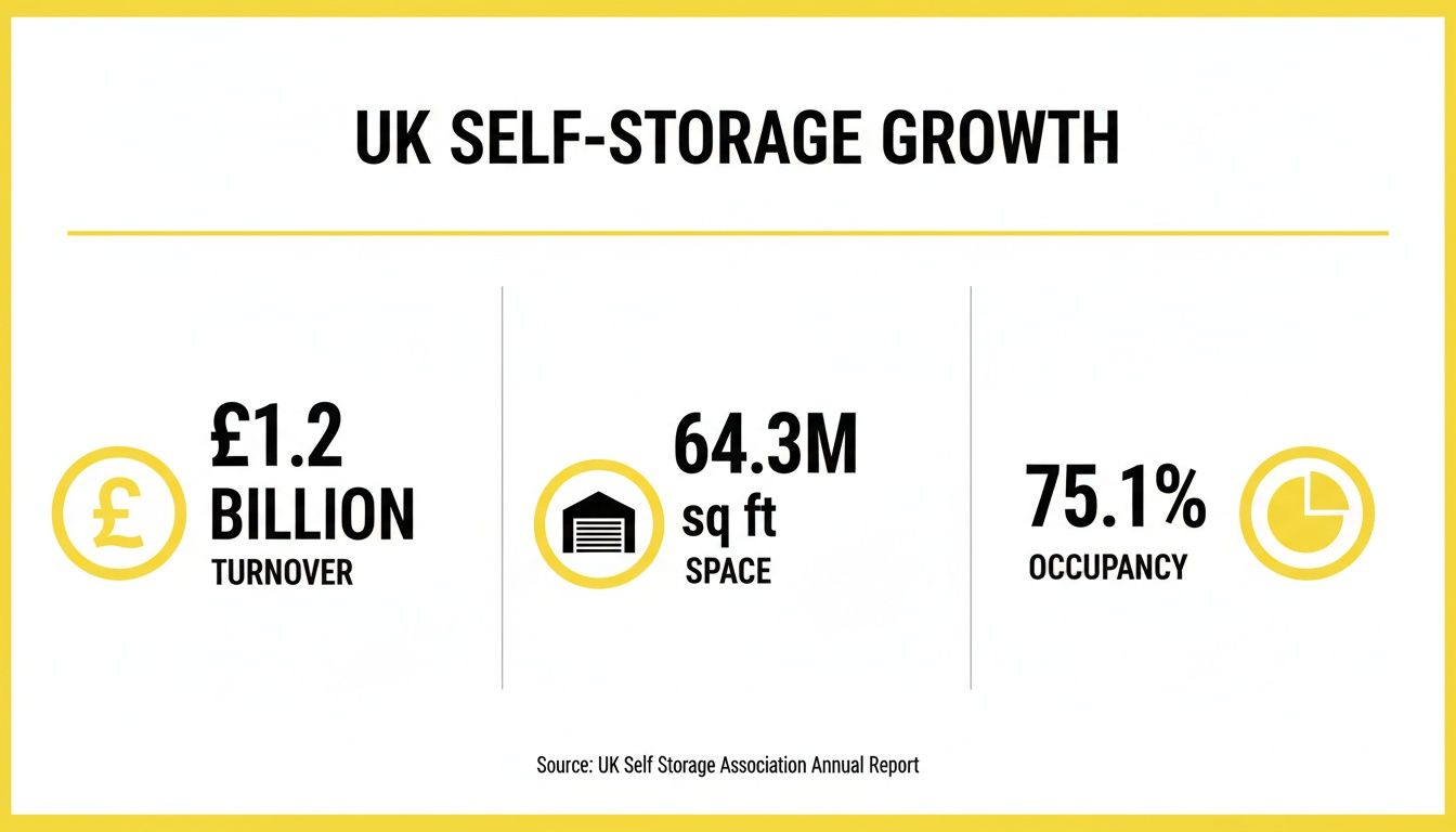 UK self-storage growth infographic displaying £1.2 billion turnover, 64.3 million sq ft space, and 75.1% occupancy.