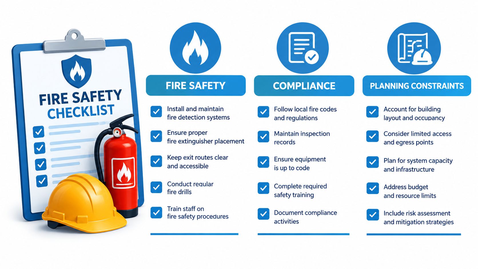 sustainable self storage design fire safety checklist • Sustainable Self Storage Design: A Practical Guide A professional infographic checklist highlighting fire safety, regulatory compliance, and construction planning constraints for buildings.