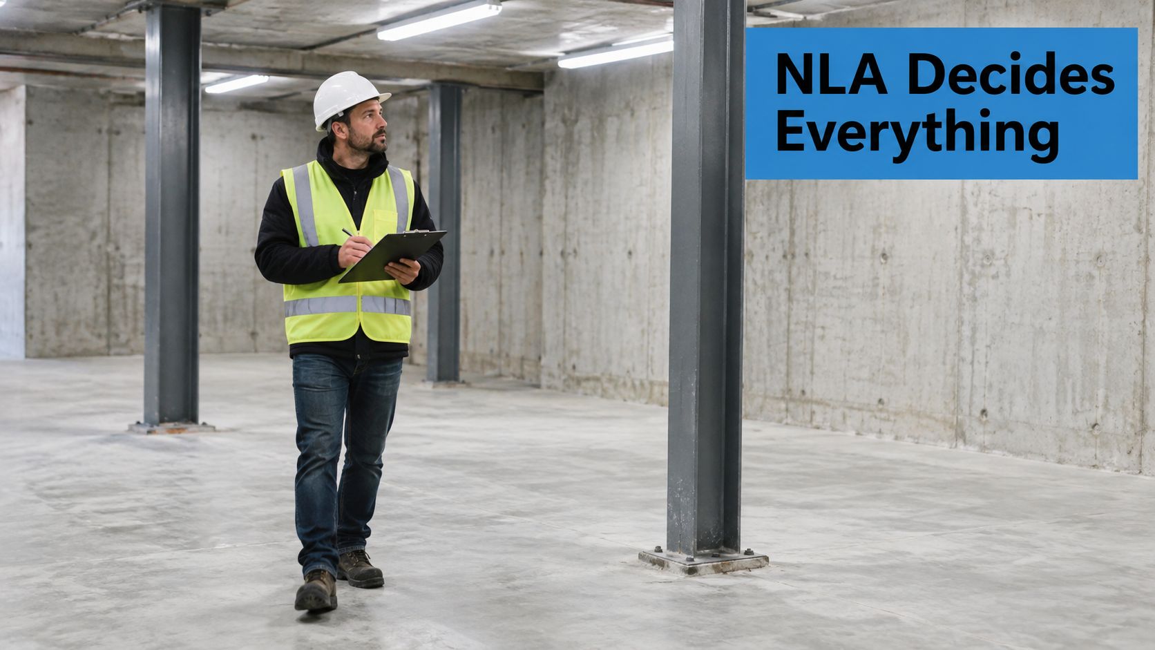 A construction inspector in a hard hat and high-visibility vest reviews documents in a concrete warehouse space.