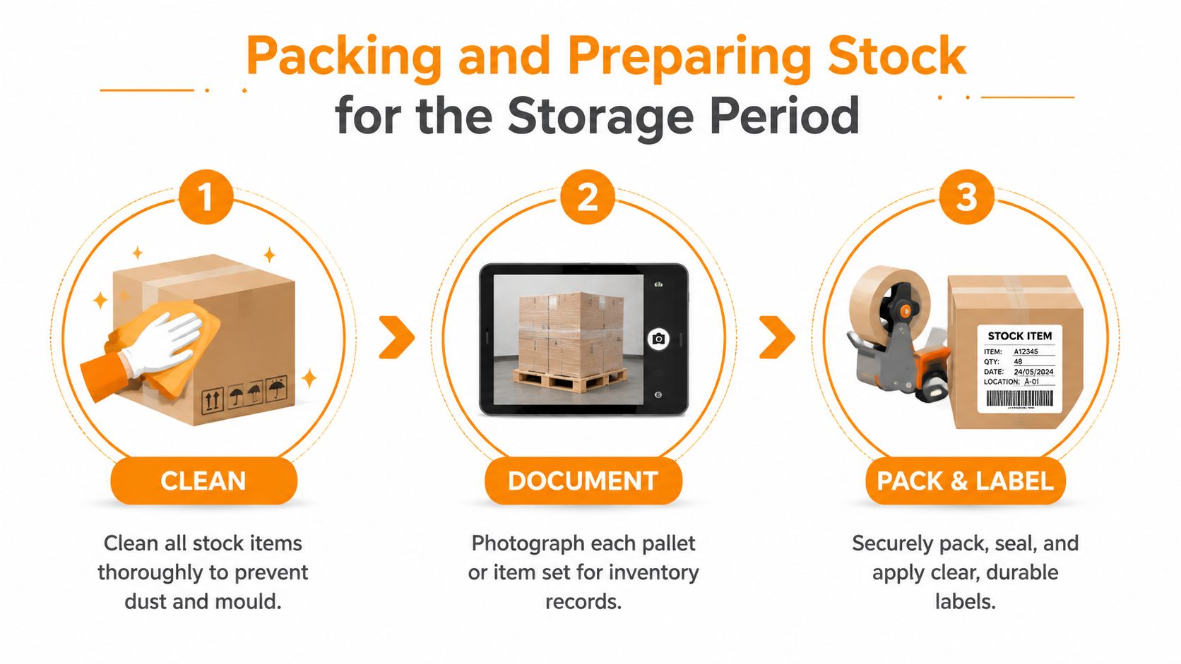 A three-step infographic showing how to clean, document, and label stock for long-term storage periods.