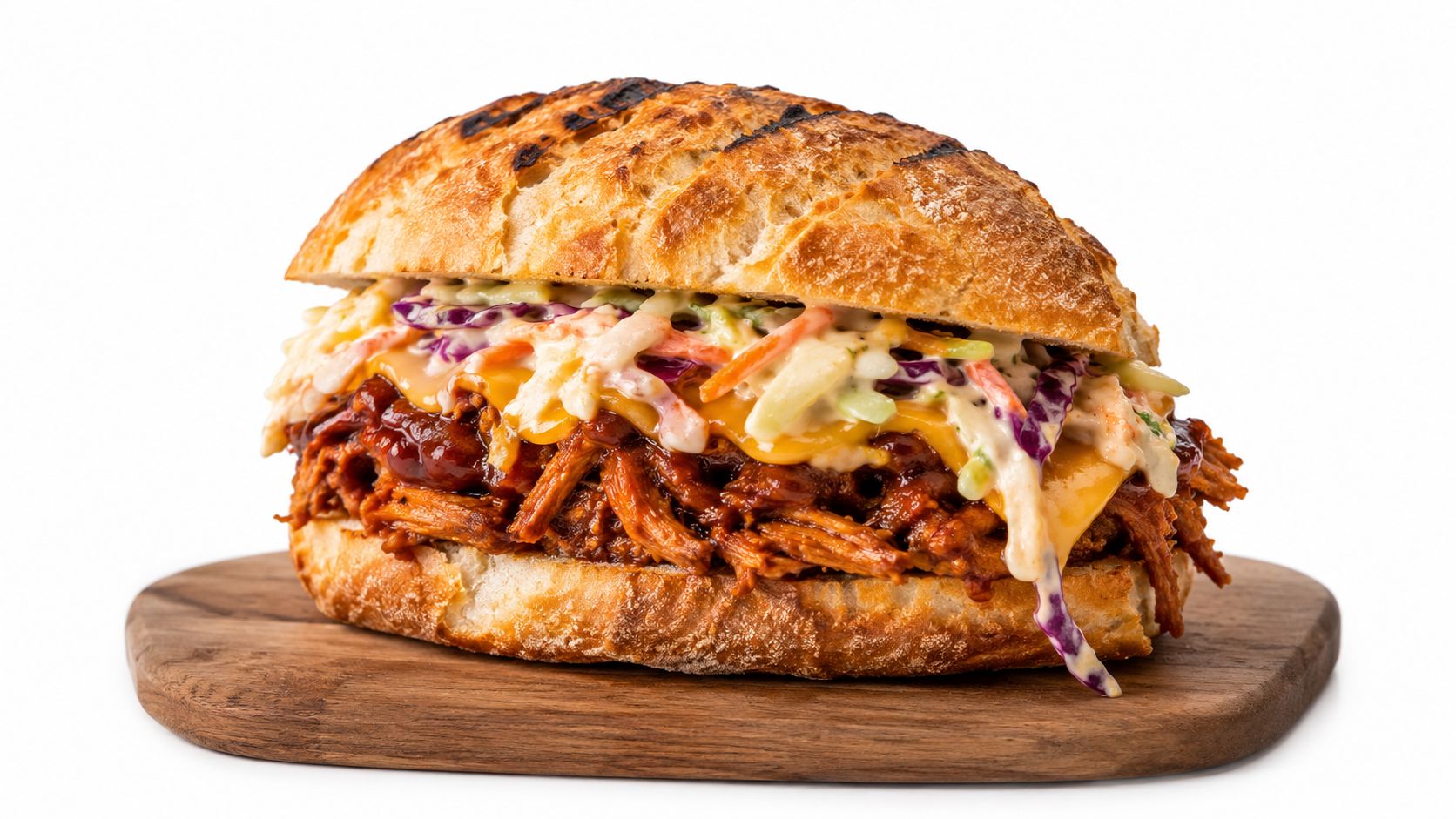 A vegan pulled pork sandwich with coleslaw and melted cheese on a rustic wooden board.