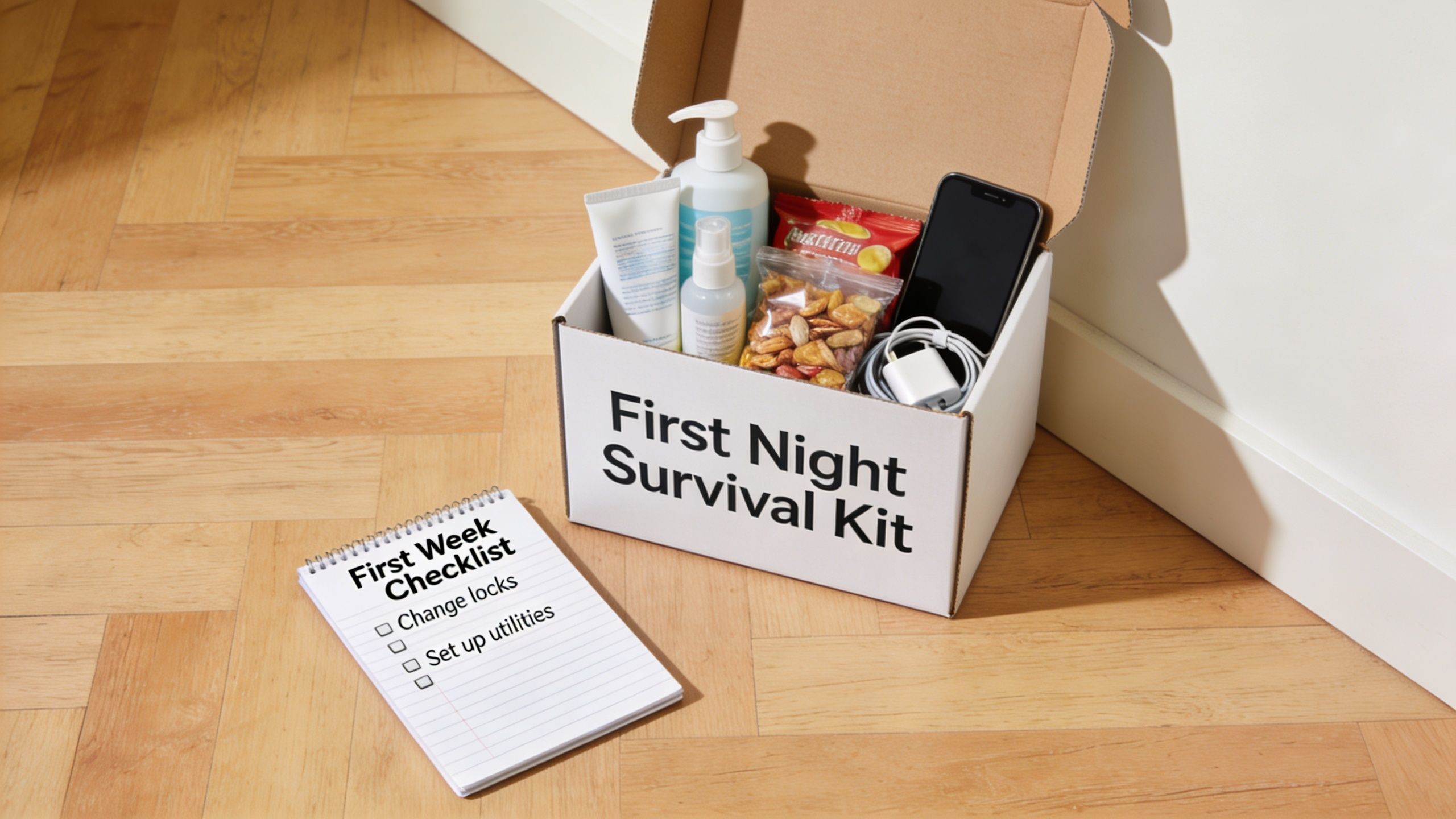 A first night survival kit box with essentials and a first week checklist on the wooden floor.