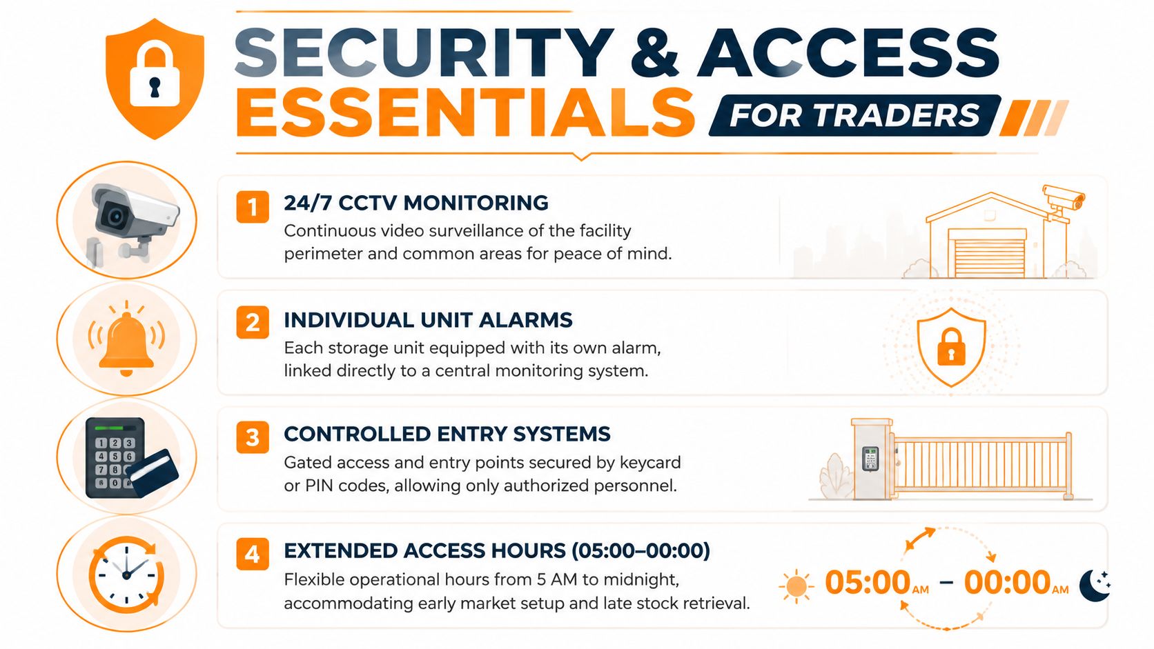 A visual guide outlining four key security and access features provided for market traders at a storage facility.